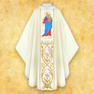 Chasuble with embroidered image of "Our Lady Help of the Faithful"