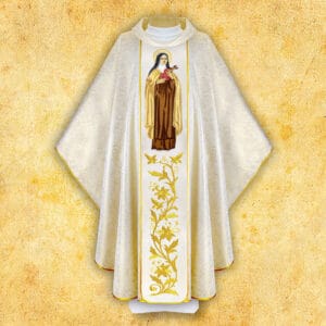 Chasuble with embroidered image of "St. Teresa of the Child Jesus."