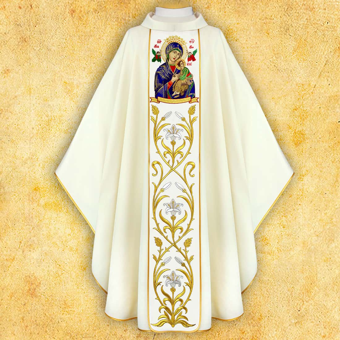 Casulla con imagen bordada de "Nuestra Señora del Perpetuo Socorro"
