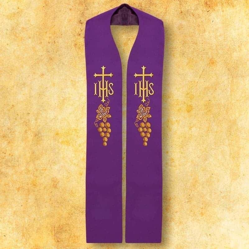 Embroidered stole "IHS and Grapes" with small embroidery