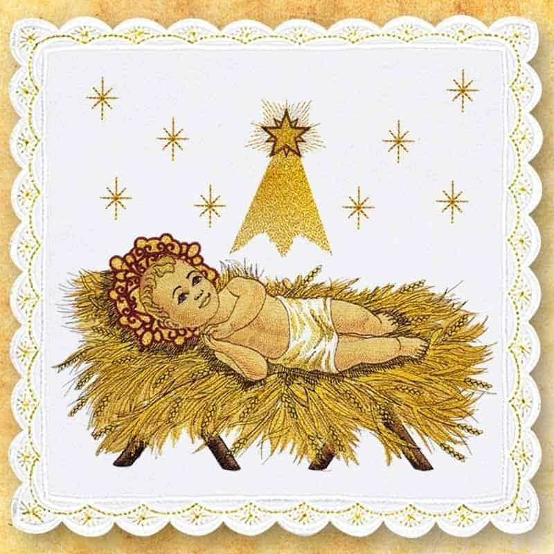 Liturgical pall embroidered "In a Manger He Lies."