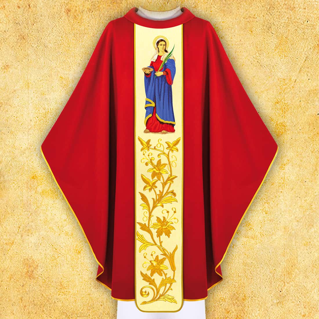Chasuble with embroidered image of "St. Lucia"