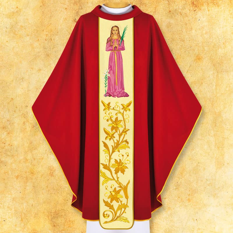Chasuble with embroidered image of "St. Philomena".